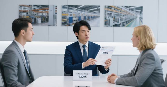 Chinese EV compliance expert presenting EU carbon certification in Budapest factory, illustrating $220,000 expat packages for high-paying jobs abroad