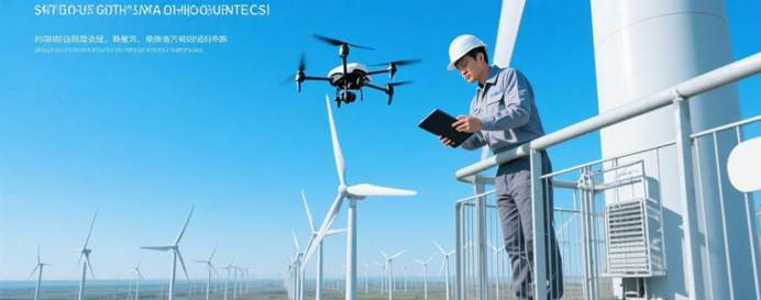 High-skilled green jobs in China: Technician operating drones for wind turbine maintenance with digital tools