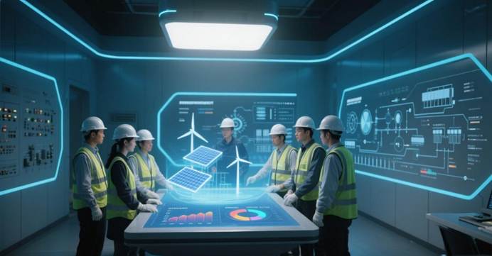 Diversified Clean Energy Team Collaboration Scenario: Photovoltaic Engineers, Wind Power Technicians, and Energy Storage Experts in the Intelligent Control Center | Clean Energy Recruitment Job Scene