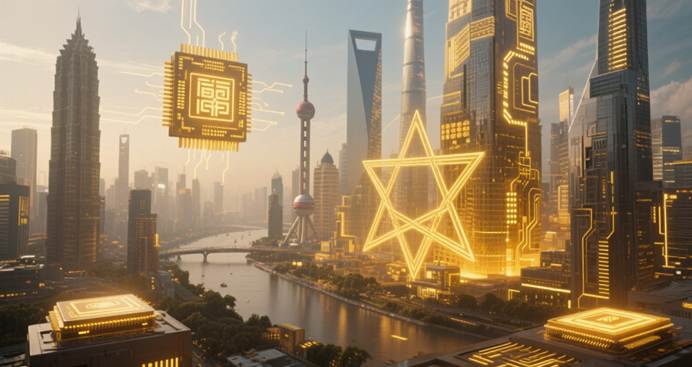 China semiconductor industry growth with chips over Shanghai, showing golden career opportunities