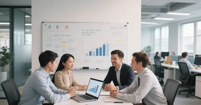 Language Skills Jobs in China: An Invitation to Bilingual Expats 2025 3 Bilingual expats and Chinese colleagues collaborating in a corporate meeting, highlighting language skills jobs in business services.