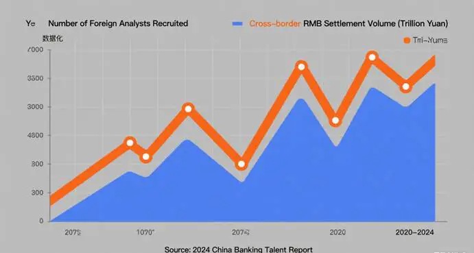 China's Risk Management Efforts: Banks Recruiting Foreign Analysts 2025 2 2020-2024 trend chart of banks recruiting foreign analysts and cross-border RMB settlement growth
