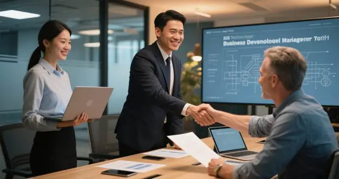 Business Development Manager in China 2025: B2B Technical Sales Role 2 Business Development Manager and B2B Technical Sales Role collaborating with client CTO during contract signing