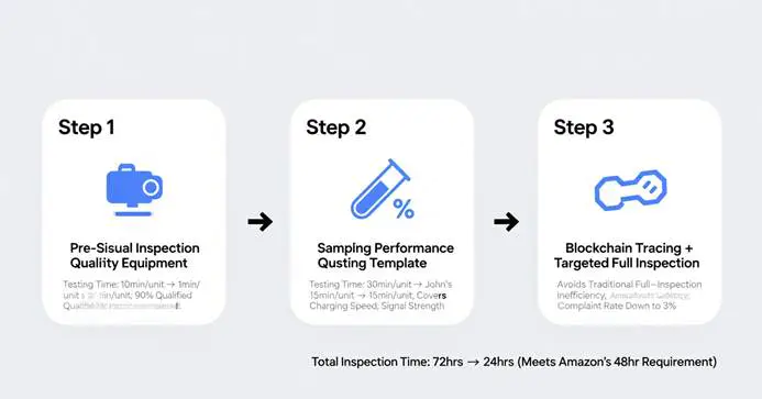 Quality Inspection Work in China 2025: Foreign Export Quality Talents 3 Linear diagram of the three-step rapid quality inspection process for cross-border e-commerce (designed by John): Step 1 (AI pre-screening) cuts time to 1min/unit; Step 2 (5% sampling) covers core performance; Step 3 (blockchain tracing) avoids inefficiency. Total time reduced from 72hrs to 24hrs.