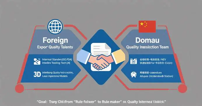 Quality Inspection Work in China 2025: Foreign Export Quality Talents 4 Symmetrical diagram of the two-way training system for Chinese and foreign quality inspection talents: Foreign talents share international standards/tech; domestic teams share local experience; together they create guides (e.g., China-ASEAN Cross-Border E-Commerce Guide) to support China’s shift to a quality inspection rule maker.