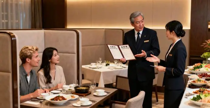 Hotel Management Profession in China: Five-Star International Chain Hotels 2 Hotel management professional providing cross-cultural service to Western and Japanese guests in a five-star hotel’s dining area, embodying the cross-cultural communication skills required for the hotel management profession