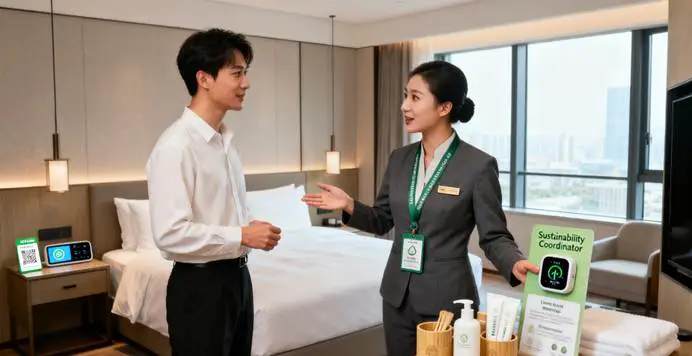 Hotel Management Profession in China: Five-Star International Chain Hotels 4 Hotel management professional introducing eco-friendly and intelligent features in a five-star hotel room, reflecting future sustainable and digital trends of the hotel management profession