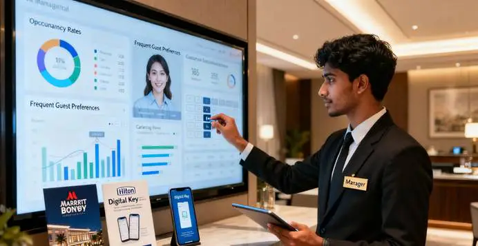 Hotel Management Profession in China: Five-Star International Chain Hotels 3 International hotel management talent using digital systems to analyze operational data and customer portraits, demonstrating the digital and data analysis capabilities essential for the hotel management profession