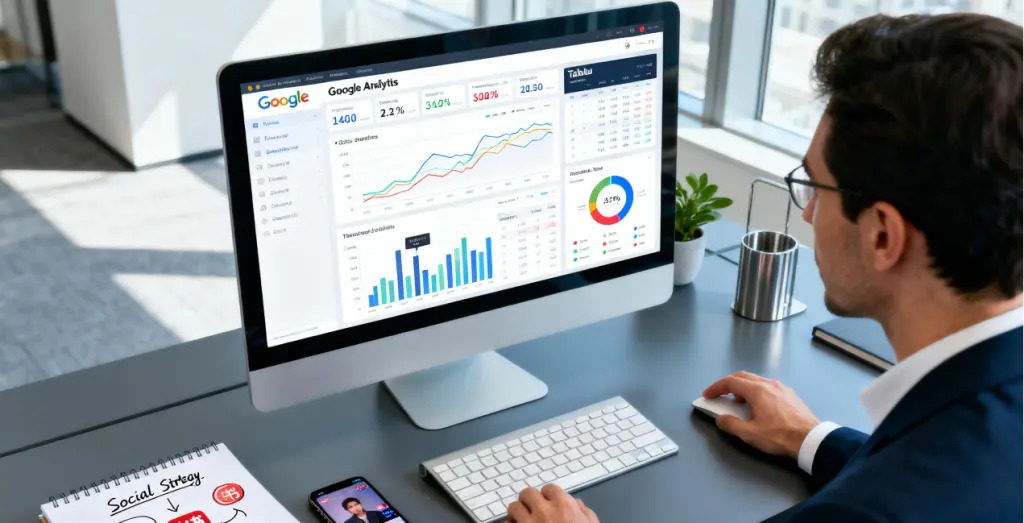 Marketing Manager Positions in China 2025: Focus on Digital and E-Commerce 1 Marketing manager positions: Professional analyzing digital marketing data (Google Analytics, Tableau) and planning multi-channel strategies (social media, live-streaming) in a modern office.