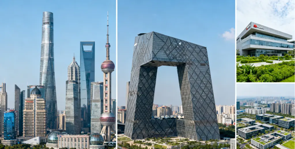 How to Work in China: A Step-by-Step Guide for Foreign Professionals in 2025 2 Collage of modern landmarks in Shanghai, Beijing, Shenzhen, and Chengdu - top destinations for foreign professionals working in China.