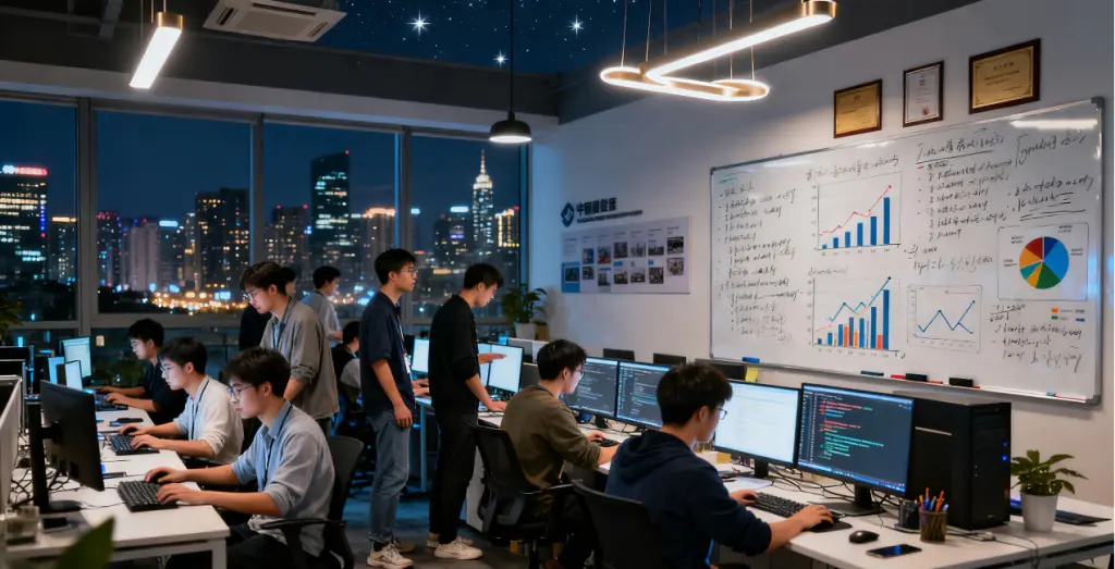 Is China the Next Destination for Your Tech Career? Here's What You Need to Know 2 A dynamic scene inside a Chinese tech company's open-plan office at night, depicting engineers collaborating and coding, illustrating the fast-paced 996 work culture.