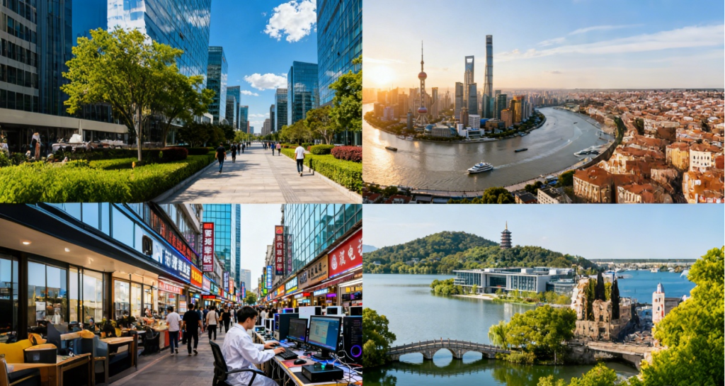 Is China the Next Destination for Your Tech Career? Here's What You Need to Know 3 A collage of China's major tech hubs: Beijing's Zhongguancun, Shanghai's Lujiazui, Shenzhen's Huaqiangbei, and Hangzhou's West Lake, helping tech professionals choose their city.