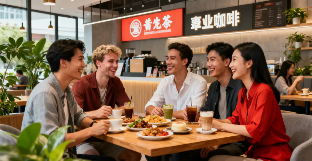 Is China the Next Destination for Your Tech Career? Here's What You Need to Know 4 A diverse group of expats and local Chinese friends socializing happily in a cozy cafe in China, representing the rewarding social life and cultural integration for tech professionals.