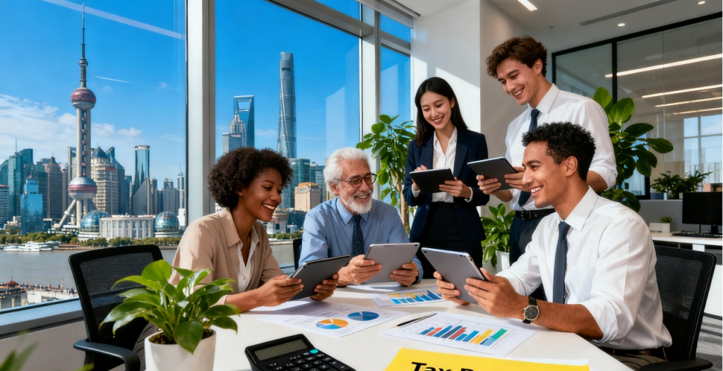 Working in China: 5 Surprising Benefits and Policy Supports You Must Know 2 Expatriates in a modern Chinese office discussing financial benefits and tax incentives while working in China.
