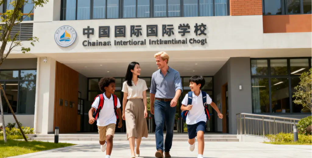 Working in China: 5 Surprising Benefits and Policy Supports You Must Know 3 A foreign family happily leaving an international school in China, highlighting family support and education benefits for expats working in China.