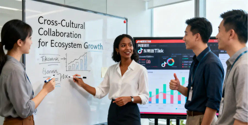 Foreign employees in Hangzhou: E-commerce and Alibaba ecosystem career development 4 Foreign and Chinese team collaborating in Alibaba office to address cultural challenges for ecosystem career development