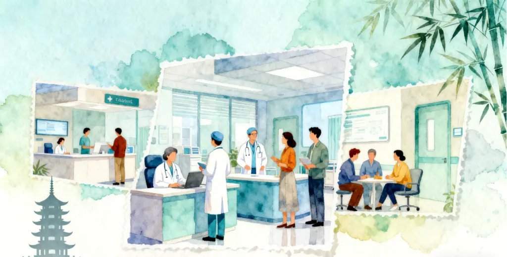 China Jobs with Visa Sponsorship: Full Relocation Coverage 2025 2 Panoramic illustration of top China jobs with visa sponsorship: tech, education, medical, and finance industries