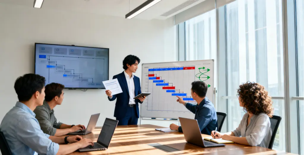 Project Manager Positions in China 2025: Construction and Infrastructure | Recruiting Foreign Talents 2 Project Manager leads a team meeting to discuss construction project plan and risk control, demonstrating core responsibilities of Project Manager Position