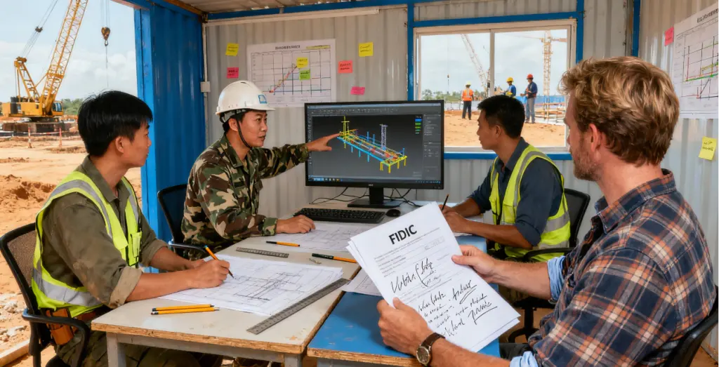 Project Manager Positions in China 2025: Construction and Infrastructure | Recruiting Foreign Talents 3 Chinese engineers and foreign Project Manager collaborate on infrastructure project using international management standards (FIDIC), showing advantages of recruiting foreign talents for Project Manager Position