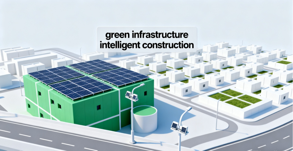 Project Manager Positions in China 2025: Construction and Infrastructure | Recruiting Foreign Talents 4 Future smart and green infrastructure in China including solar-powered buildings and intelligent highways, illustrating development prospects of Project Manager Position in construction sector