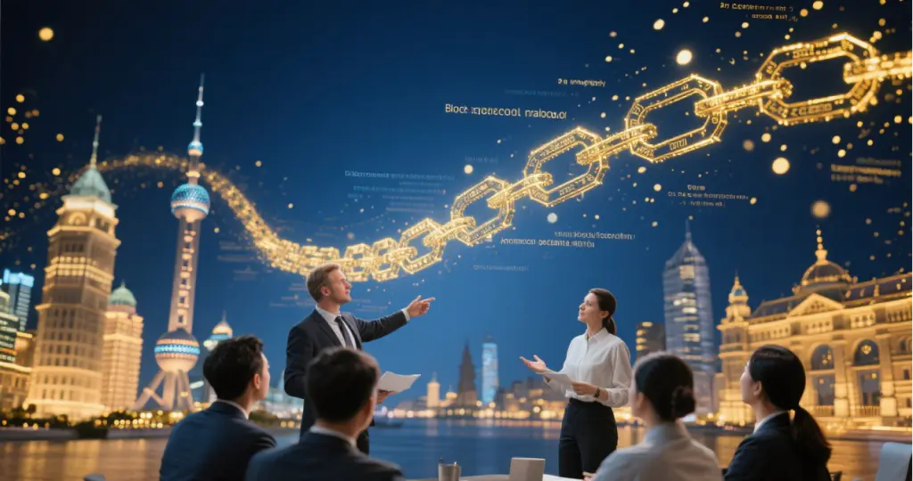 Technical Jobs in Shanghai, China for Foreign Developers: AI, Blockchain, and FinTech 2025 3 Blockchain cross-border payment system - Foreign architect demonstrating DeFi solution to Shanghai finance team