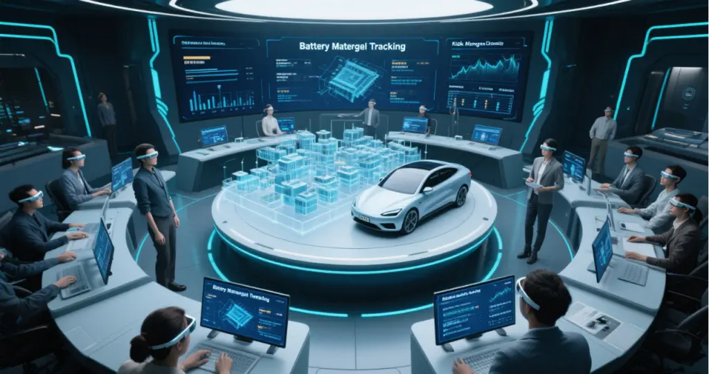 Automotive Management Positions in China 2025: EV Giants Vie for Foreign Supply Chain Experts 3 Automobile supply chain management command center scenario: the international team uses AR technology to monitor battery materials and Risk Management Dashboard