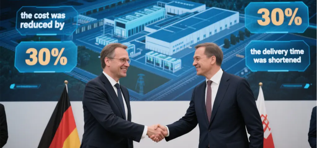 Automotive Management Positions in China 2025: EV Giants Vie for Foreign Supply Chain Experts 4 Chinese and German supply chain executives signed the contract before the route map of Asia Europe railway. The background shows the battery factory and 30% cost optimization data