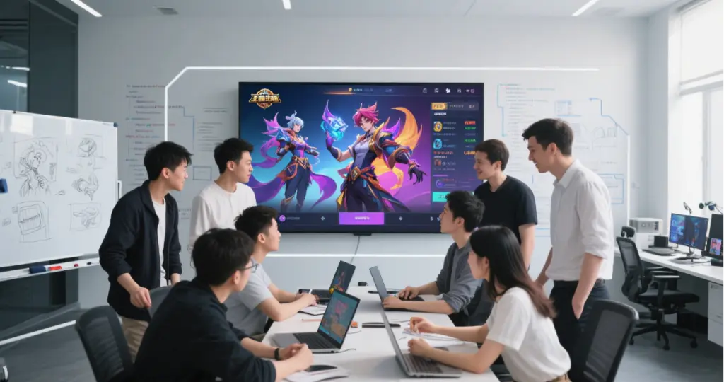 China's Gaming Industry and Esports Jobs: 1 Comprehensive Analysis of Recruitment Opportunities for Foreign Designers and Developers 3 Multicultural team of foreign and Chinese developers collaborating successfully on a game project in a modern studio, representing career success in China's esports industry.