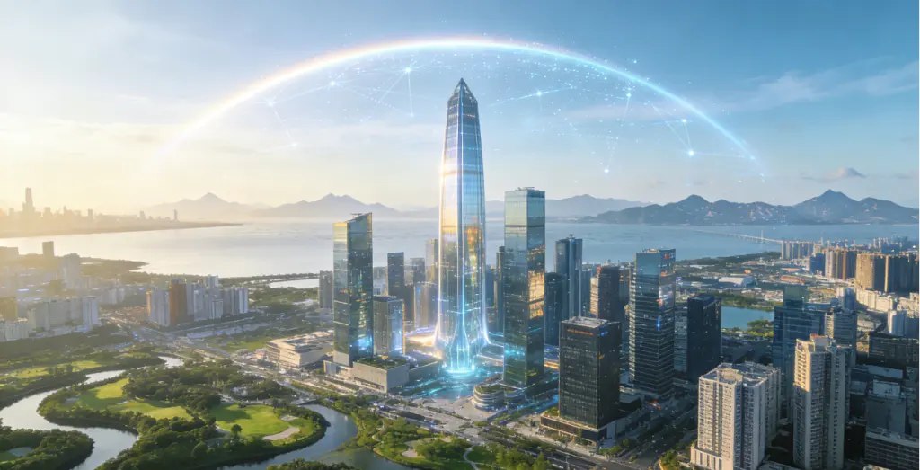 Recruiting Chief AME Engineer: Spotlight on the 2025 Greater Bay Area (Shenzhen Qianhai) International Talent Recruitment Fair, Leading a New Era in Advanced Manufacturing 2 Aerial view of the futuristic skyline of Shenzhen Qianhai, the heart of the Guangdong-Hong Kong-Macao Greater Bay Area, a global hub for innovation and advanced manufacturing.