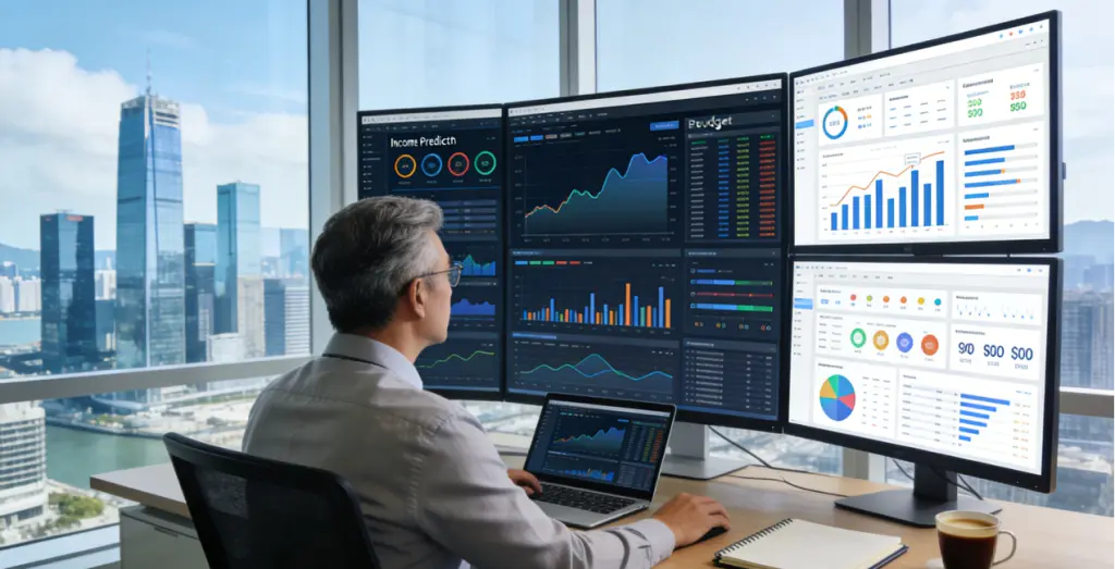 Senior Analyst (FP&A) - Hiring in Shenzhen Qianhai, Greater Bay Area | 2025 Talent Fair 2 A Senior Analyst in Qianhai performs financial planning and analysis (FP&A), modeling data on multiple screens to drive business strategy.