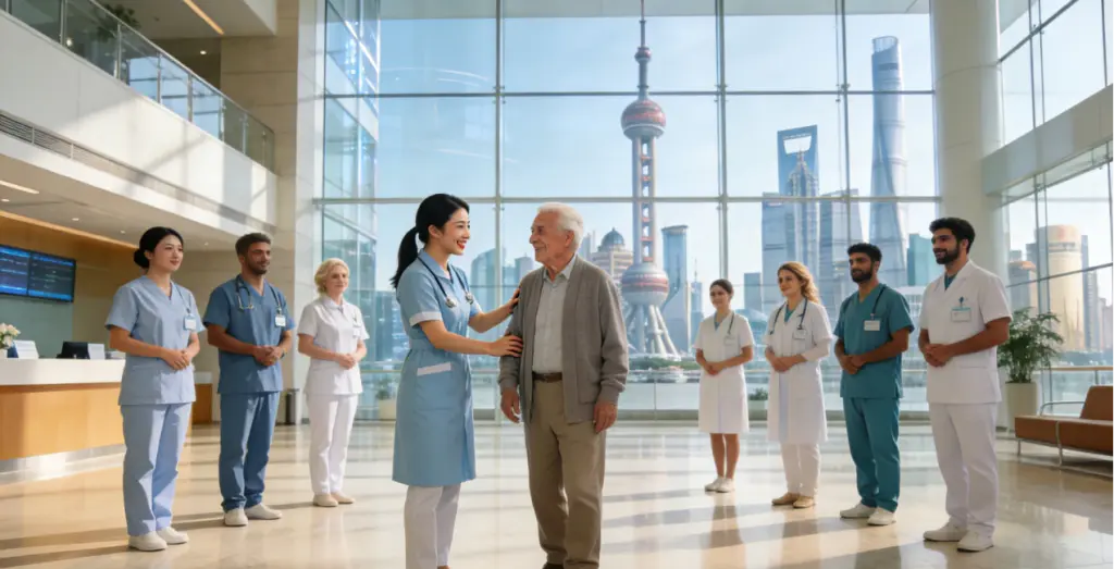 International Nurse Recruitment: "Flying to China for Medical Care" Becomes a Trend, International Hospitals Urgently Seek Elite Nurses to Build Exceptional Patient Experiences 2026 1 A diverse team of elite nurses provides care to an international patient in the lobby of a modern international hospital in China, symbolizing the core of international nurse recruitment and exceptional patient experience.