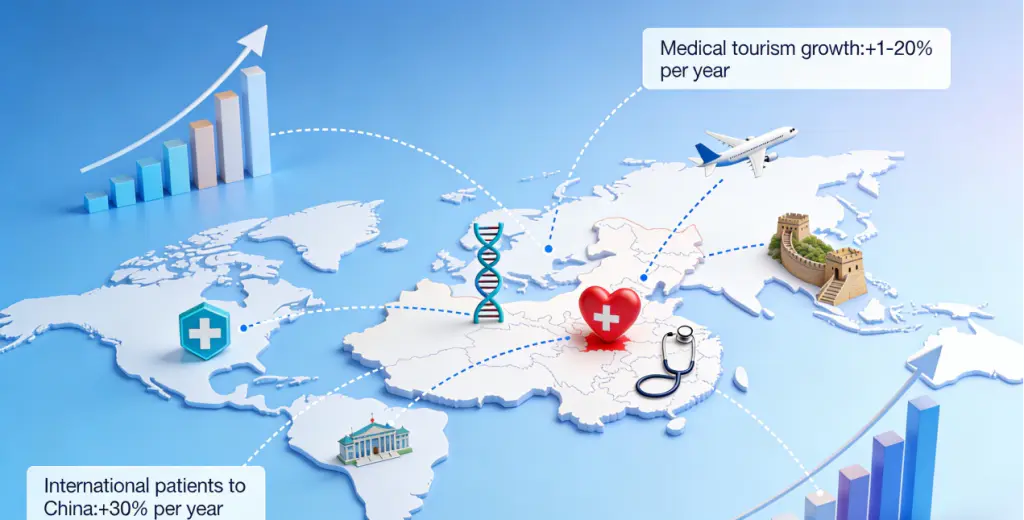 International Nurse Recruitment: "Flying to China for Medical Care" Becomes a Trend, International Hospitals Urgently Seek Elite Nurses to Build Exceptional Patient Experiences 2026 2 An infographic visualizing the “flying to China for medical care” trend, showing global flight paths, medical symbols, and growth charts for medical tourism and international patient numbers.
