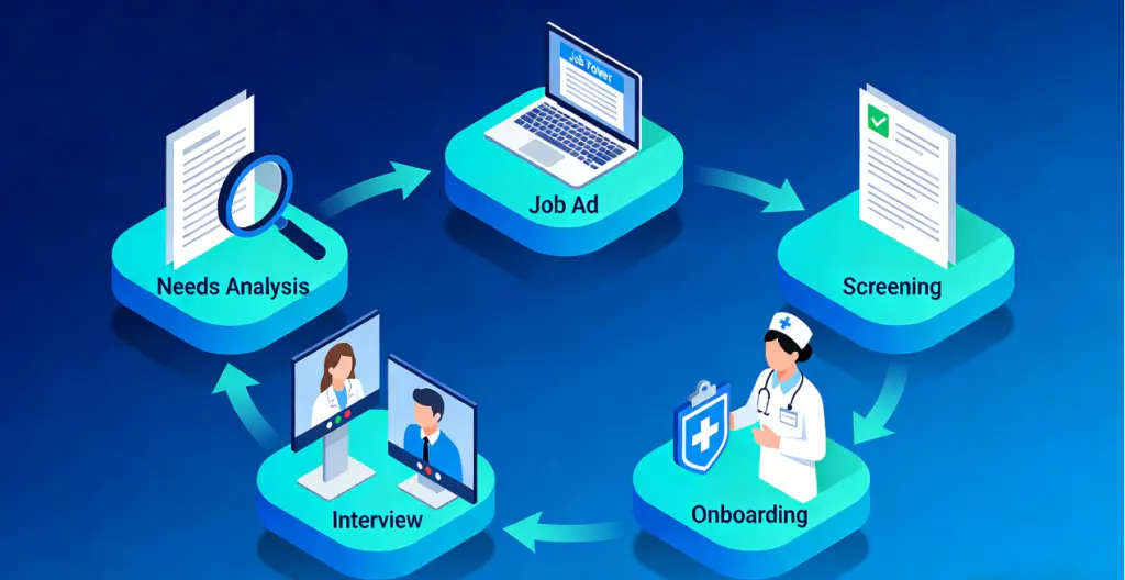 International Nurse Recruitment: "Flying to China for Medical Care" Becomes a Trend, International Hospitals Urgently Seek Elite Nurses to Build Exceptional Patient Experiences 2026 3 An isometric diagram illustrating the systematic international nurse recruitment process: Needs Analysis, Job Advertisement, Screening, Interview, and Onboarding.