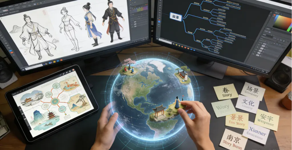 Becoming a Cultural Bridge: Recruiting Narrative Designers to Empower Chinese Games in Telling Globally Resonant Stories 2026 2 Overhead view of a Narrative Designer's workspace, showing story branching tools, character sketches, Eastern-inspired concept art, and a holographic story world, representing the multifaceted role.