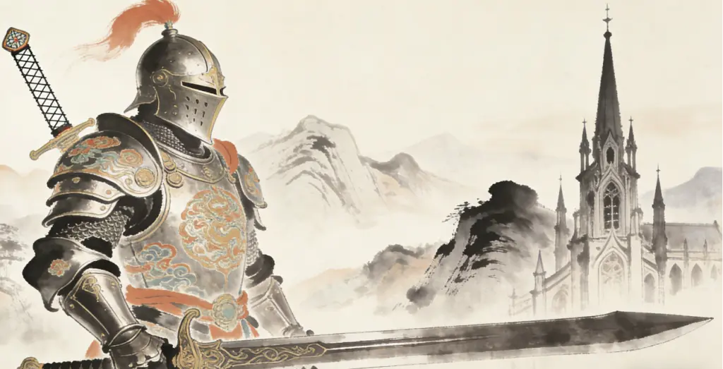 Becoming a Cultural Bridge: Recruiting Narrative Designers to Empower Chinese Games in Telling Globally Resonant Stories 2026 3 Illustration of a hero's armor and weapon blending Chinese and Western medieval design elements, set against a background merging ink painting mountains with Gothic spires, visualizing cross-cultural narrative fusion.
