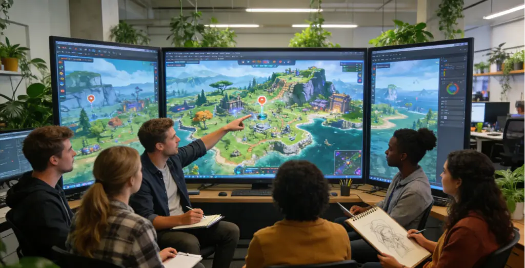 Becoming a Cultural Bridge: Recruiting Narrative Designers to Empower Chinese Games in Telling Globally Resonant Stories 2026 4 Diverse team of Narrative Designers and developers collaborating in a modern studio, discussing a game world map on a large screen, representing global teamwork in storytelling.