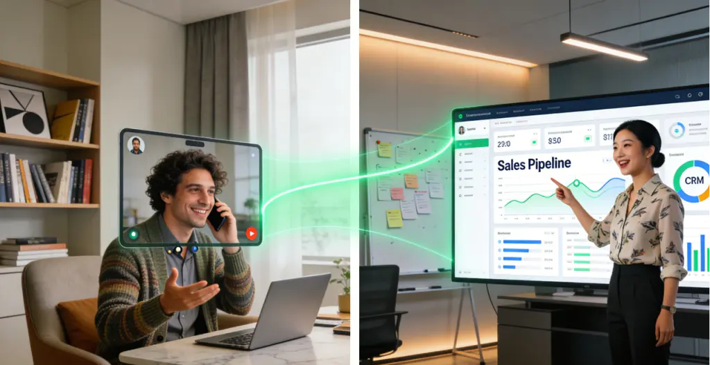 International Sales Strategy: Chinese Companies Hire Local Italian Talent 2026 3 A hybrid international sales team in action: an Italian local sales professional on a video call with Chinese headquarters, collaborating via a shared digital dashboard.