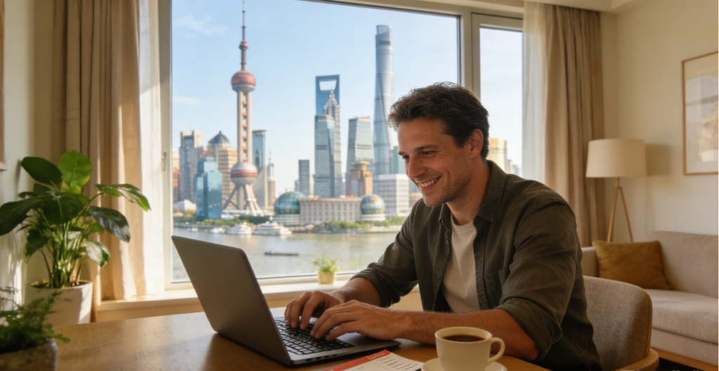 Foreign English Teachers: Exploring China's Abundant Career Opportunities 2026 3 A foreign teacher enjoying the work-life balance and benefits package in a modern Shanghai apartment, representing the competitive compensation and living standards in China.