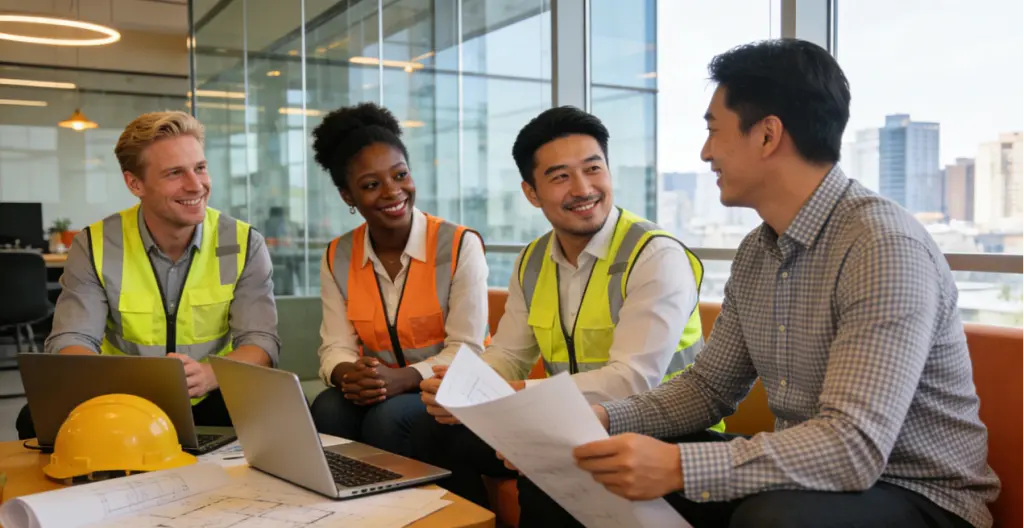 Foreign Engineers work in China 2026: Opportunities in New Energy Vehicles and High-End Manufacturing 4 Diverse group of successful foreign engineers engaging in knowledge sharing and networking with Chinese colleagues in a collaborative office setting.