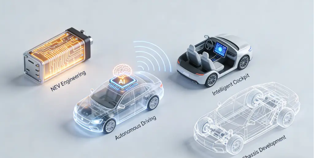 A Guide for Foreign Automotive Engineers: Working in China’s Auto Industry with High-salary 2026 2 Infographic highlighting in-demand automotive engineering fields in China: New Energy Vehicles, Autonomous Driving, and Intelligent Cockpit.