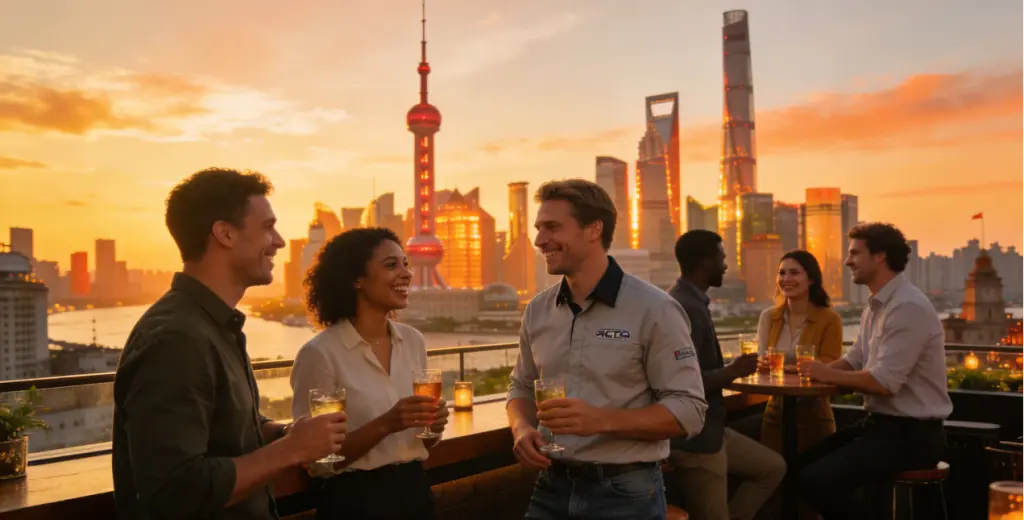 A Guide for Foreign Automotive Engineers: Working in China’s Auto Industry with High-salary 2026 4 Expatriate professionals networking and enjoying life in a modern Chinese city, reflecting work-life balance opportunities.