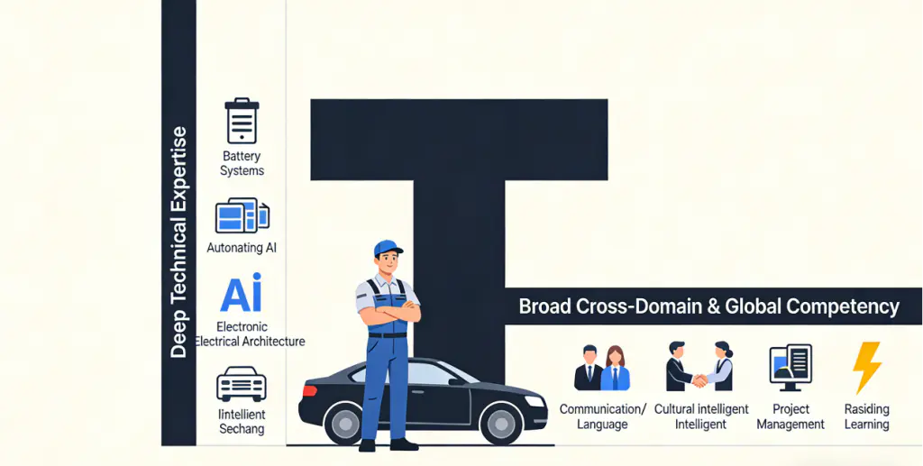 Automotive Engineers with International Experience: The Most Scarce Talent in the Intelligent Electric Vehicle Era 2026 3 Infographic illustrating the T-shaped skill profile of a modern automotive engineer: deep expertise in EV domains combined with broad cross-disciplinary knowledge and global competency.