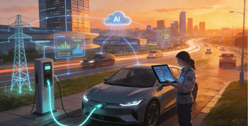Automotive Engineers with International Experience: The Most Scarce Talent in the Intelligent Electric Vehicle Era 2026 4 A forward-looking scene where an automotive engineer interacts with an intelligent electric vehicle in a smart city, showcasing vehicle-to-grid (V2G) technology and integrated urban mobility systems.