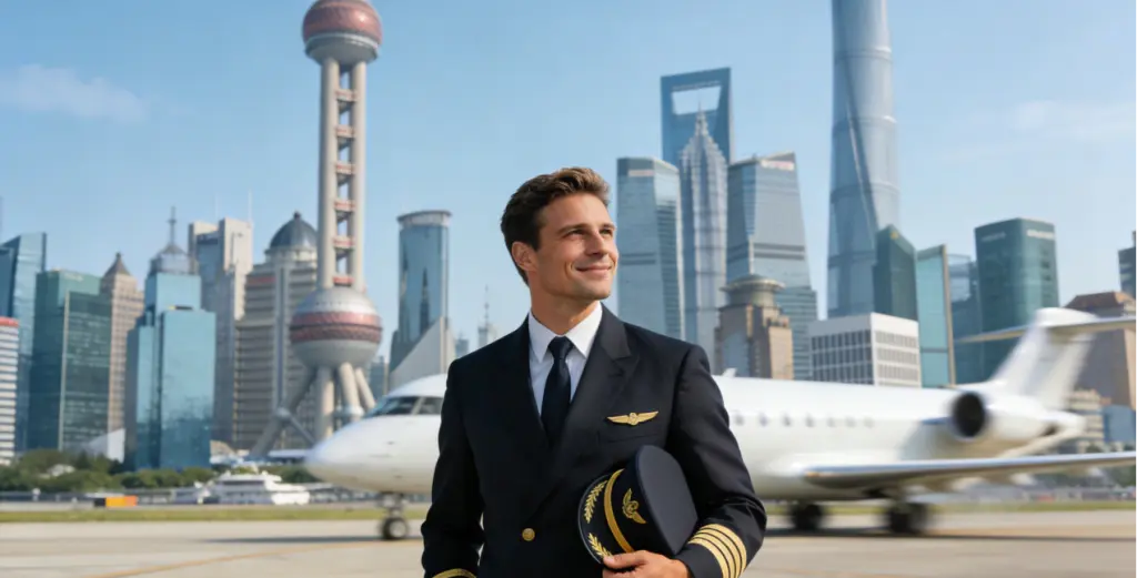 Top 5 Chinese Airlines Recruiting Foreign Pilots & How to Apply 4 A successful foreign pilot, set against the backdrop of a modern Chinese city, symbolizes embarking on a promising career in China's aviation industry.