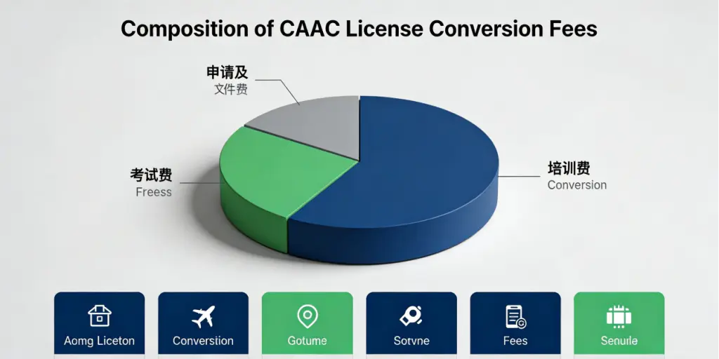 CAAC License Conversion for Foreign Pilots: A Step-by-Step Guide with Fees 2026 2 Infographic breaking down the estimated costs (USD 5,000-15,000+) for a foreign pilot to convert a CAAC license, including training, exams, and document fees.