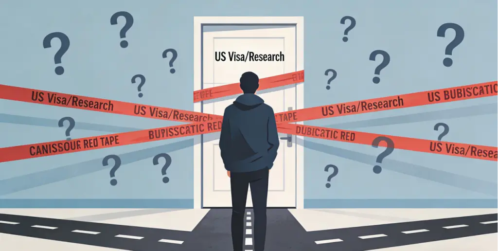 US vs China for High-Tech Talent: How Restrictive Policies Are Shifting Careers 2026 2 Conceptual illustration showcasing the uncertainties and policy barriers faced by high-tech talents in the United States, such as visa delays and intensified scrutiny.