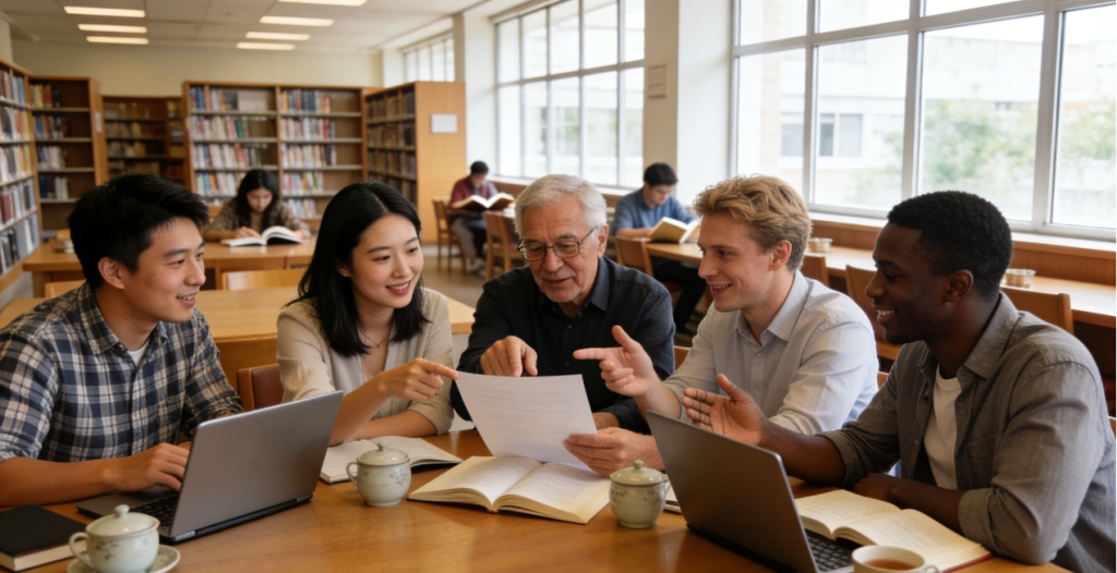 The Ultimate Guide for International Scholars: Building a Research Career at China's Double First-Class Universities 2026 4 International scholars, along with Chinese colleagues and students, engage in academic exchanges and team collaboration in a relaxed campus environment, reflecting successful cultural adaptation and integration.