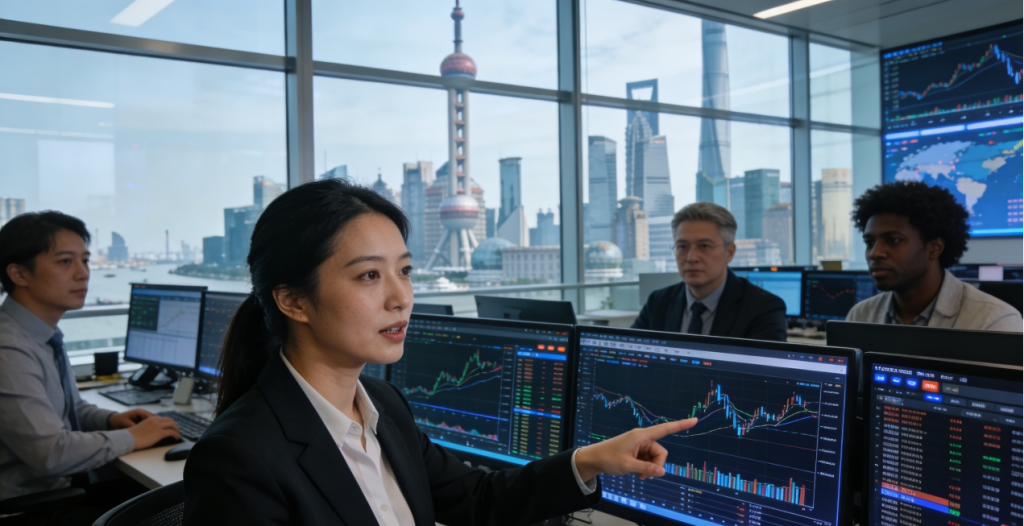 Thriving International Finance Careers: Your Ultimate Guide to Shanghai & Shenzhen 2026 2 Financial professional analyzing global market data on a trading floor in Shanghai’s Lujiazui district, hub for international finance.