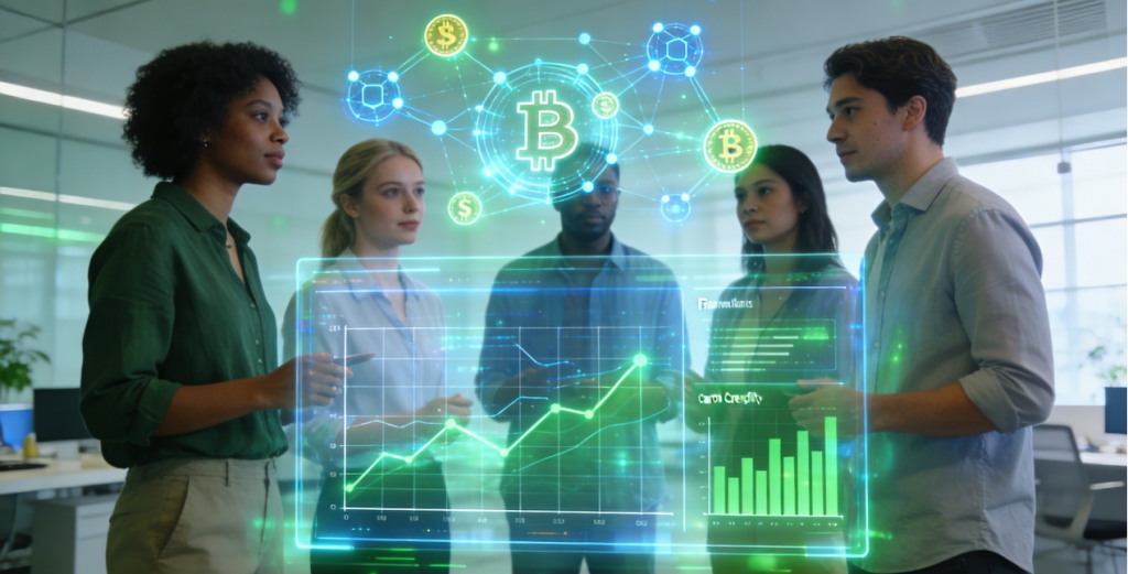 Thriving International Finance Careers: Your Ultimate Guide to Shanghai & Shenzhen 2026 3 Diverse team in Shenzhen collaborating on fintech and green finance innovation, with holographic blockchain visualization.