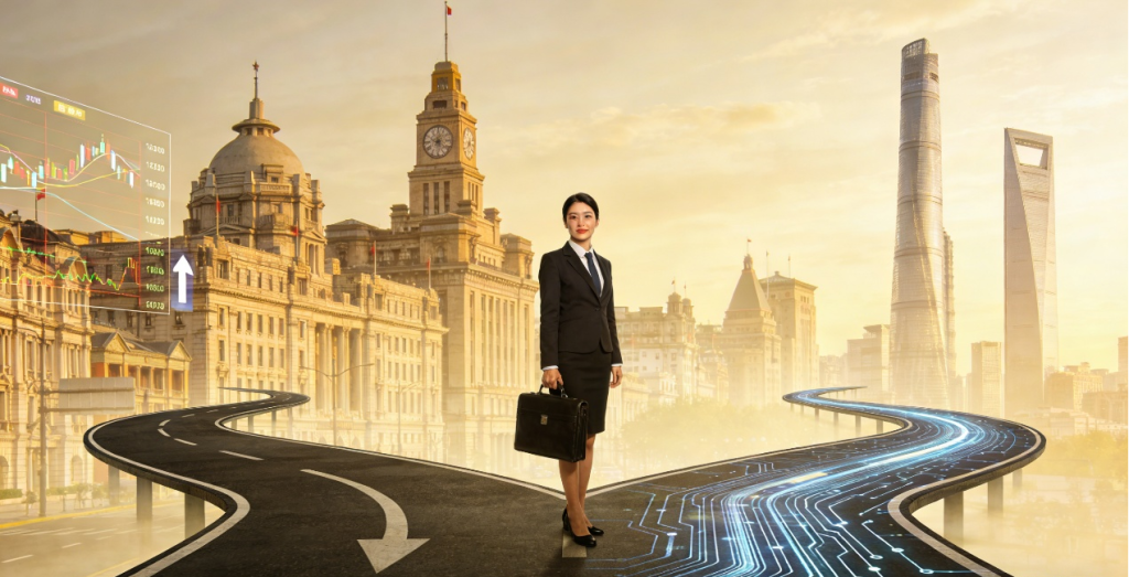 Thriving International Finance Careers: Your Ultimate Guide to Shanghai & Shenzhen 2026 4 Financial professional at a crossroads, symbolizing the strategic choice between Shanghai’s traditional finance and Shenzhen’s tech-driven international finance paths.